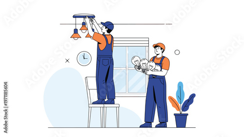Professional electricians working together to install or fix a ceiling light fixture in a modern home interior.