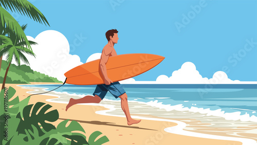 Athletic man in blue swim trunks running along a sunny tropical beach while carrying a large orange surfboard.