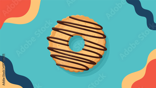 Tasty round cookie with chocolate drizzle topping shown from above against a bright turquoise and abstract background.