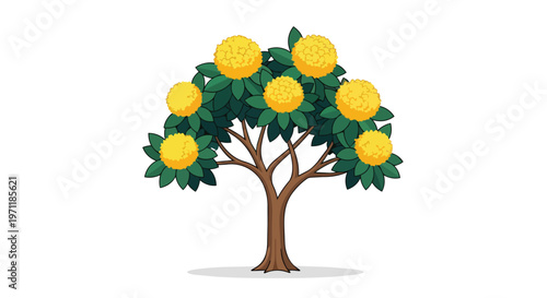 Stylized Cartoon Tree with Yellow Blossoms and Lush Green Foliage