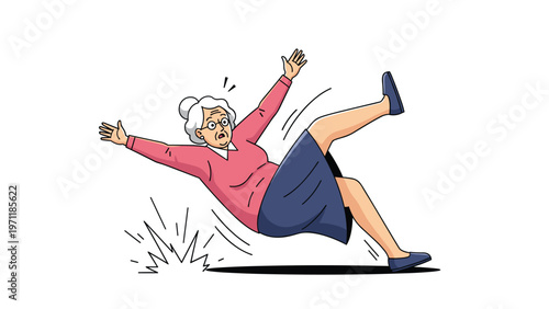 Elderly woman falling backwards in a slip and fall accident representing safety hazards for senior citizens.