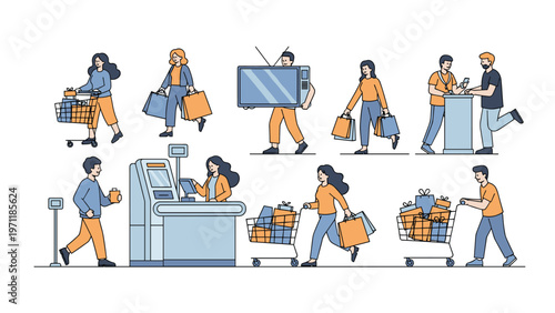 Diverse people shopping for groceries and electronics in a store using shopping carts and a self-service checkout.