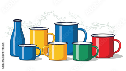 Assortment of colorful enamel camping mugs and a bottle in blue, green, yellow, and red against a leafy backdrop.