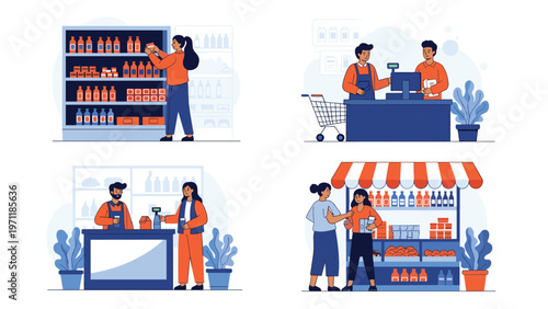 Diverse people interacting in retail settings including a grocery store checkout, a cafe, and an outdoor market.