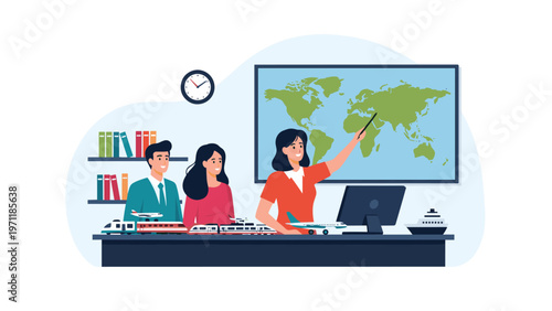 Travel agency office with a woman pointing to a world map while showing models of different transportation modes.