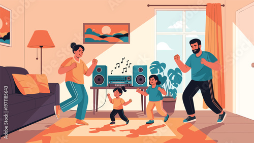Happy family with two young girls dancing together in their living room to music playing from a stereo system.