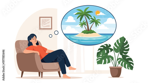 Woman relaxing peacefully in a comfortable armchair while dreaming about a tropical island vacation with palms.