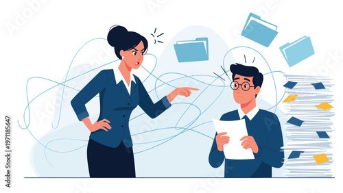 Angry female executive pointing her finger and shouting at a worried male employee in a busy office with papers.