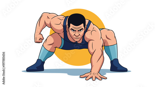 Powerful athlete in a wrestling singlet in a low crouch stance looking forward with determination and strength.