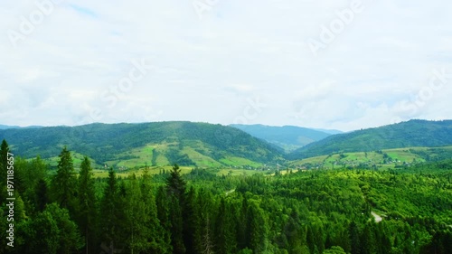 Green hilly valley with fields and pine forest under cloudy sky. Spellbound wild nature park ideal for escape from everyday routine