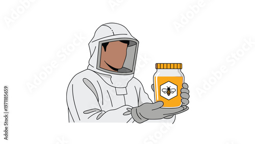 Professional beekeeper in a white protective suit holding out a jar of fresh organic honey with a bee label.