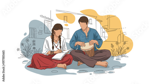 Couple in bohemian style clothing sitting outdoors while the woman writes in a notebook and the man plays a drum.