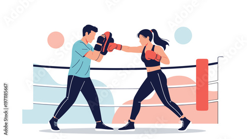 Female boxer practicing her punches with a male trainer holding focus mitts inside a professional boxing ring.