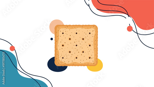 Crispy square salted cracker shown from above against a modern background with abstract shapes and wavy lines.
