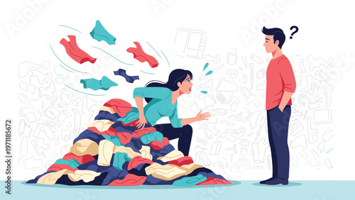 Frustrated woman sitting by a massive pile of unorganized laundry while talking to a confused man at home.