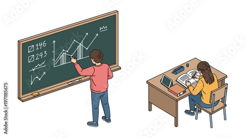 Students working in a classroom with a boy drawing a line graph on a chalkboard and a girl taking notes at a desk.