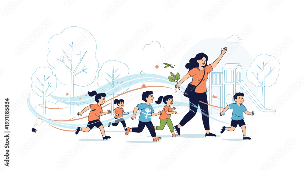 Fototapeta premium Energetic children running through a green park during an outdoor school activity led by a happy female teacher and supervisor.