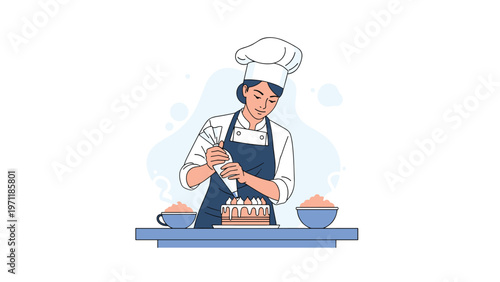 Skillful female pastry chef in a professional uniform decorating a gourmet cake with white cream using a plastic piping bag.