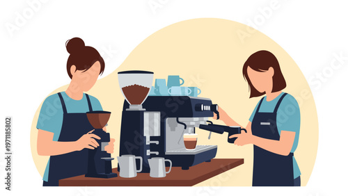 Two professional female baristas working together behind a coffee shop counter to prepare fresh espresso and latte drinks.