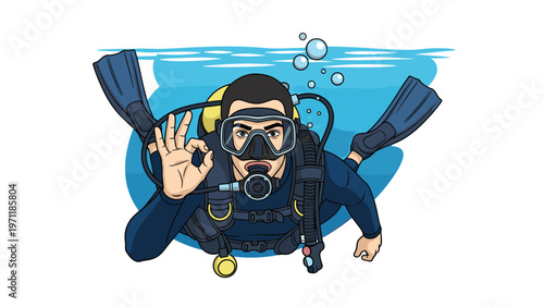 Professional scuba diver in full underwater equipment and a mask making the okay hand sign while swimming in the deep blue sea.