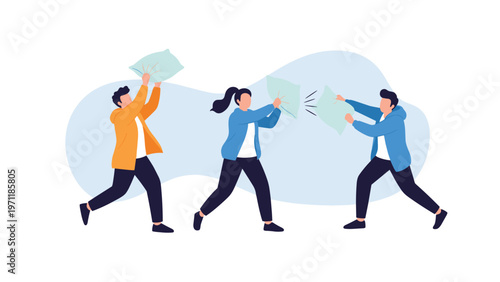 Group of playful friends having an energetic pillow fight in a bedroom to show fun social interaction and leisure activities.