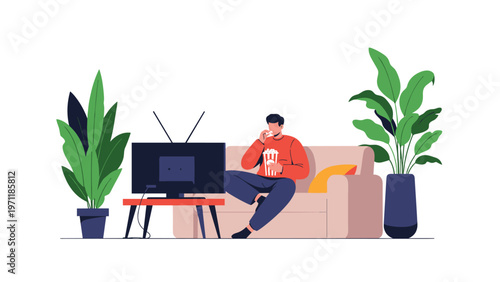 Relaxed man sitting on a comfortable beige sofa while eating popcorn and watching a movie on a television screen at his home.
