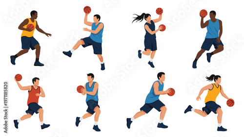 Diverse set of basketball players in different action poses like shooting and dribbling while wearing various sports uniforms.