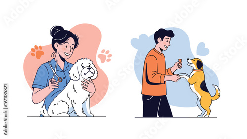 Professional pet grooming and training scenes featuring a woman cutting a dogs white hair and a man giving a treat to a dog.