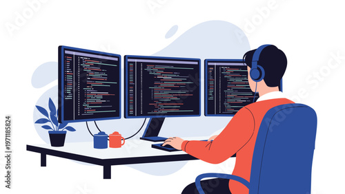Male software developer wearing headphones and working on code using three large computer monitors in a professional office.