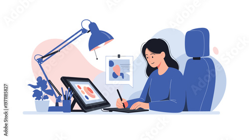 Digital illustrator using a stylus pen and graphic tablet to create artwork while working at her creative home office desk space.