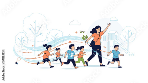 Energetic children running through a green park during an outdoor school activity led by a happy female teacher and supervisor.