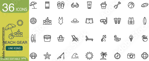 Beach icon set line outline summer vacation travel collection featuring beach gear pictogram umbrella towel flip flop eyewear sunscreen bucket shovel beach ball surfboard palm tree