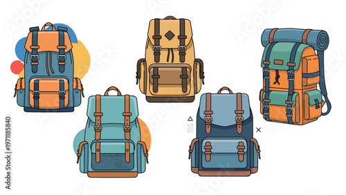 Various styles of colorful travel backpacks and hiking rucksacks displayed for outdoor adventure and school or college use.