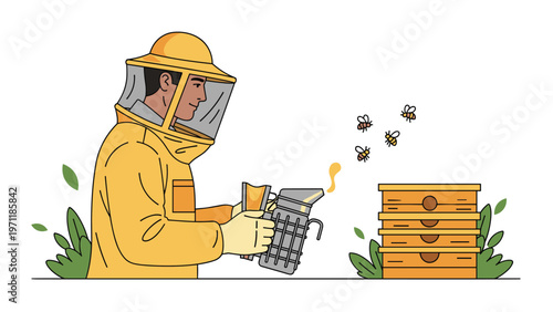 Professional beekeeper in protective yellow suit using smoker to calm bees while working near wooden beehives outdoors.