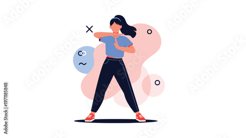 Young athletic woman making timeout gesture with hands while exercising isolated on white background with abstract shapes.