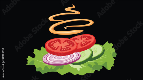 Artistic arrangement of fresh salad ingredients like sliced tomatoes and cucumbers with a swirl of creamy white dressing sauce.