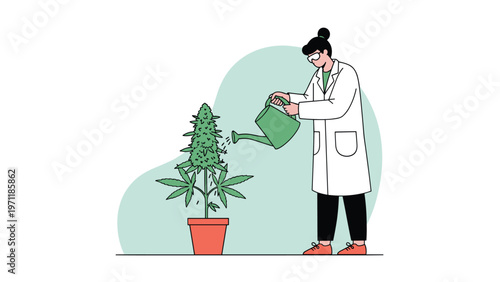 Female scientist in white lab coat watering medicinal cannabis plant in pot for pharmaceutical research and development.