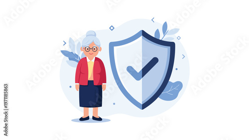 Senior woman standing next to large security shield with checkmark symbol representing insurance and elderly protection.