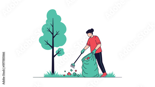 Environmentally conscious woman raking leaves and picking up trash into a green bag to keep the local community park clean.