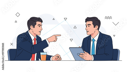Two professional businessmen having serious discussion in office where one is pointing while the other holds a digital tablet.