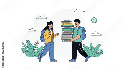 Two college students with backpacks where a boy carries a very high stack of books while talking to a female classmate.