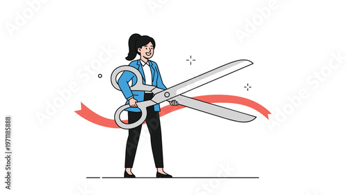 Young businesswoman in blue suit using giant scissors to cut a red ribbon for a grand opening or inauguration ceremony.