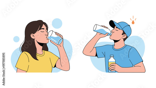 Young man and woman refreshing themselves by drinking clean water from glass and bottle to stay hydrated and healthy.