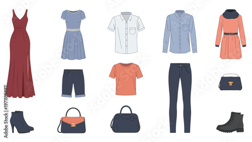 Set of casual and formal clothing items including dresses shirts pants boots and handbags for men and women fashion.
