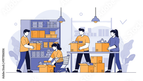 Group of volunteers or workers organize and pack boxes of food and supplies on shelves in a busy warehouse setting for distribution.