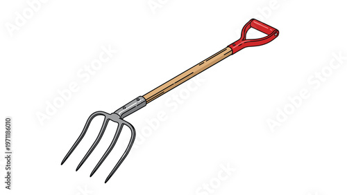 Sturdy garden pitchfork with a long wooden handle and a red plastic grip isolated on a plain white background for agricultural use.