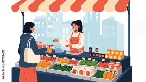 Friendly vendor sells fresh fruits and vegetables to a customer at a colorful outdoor market stall under a striped awning in the city.