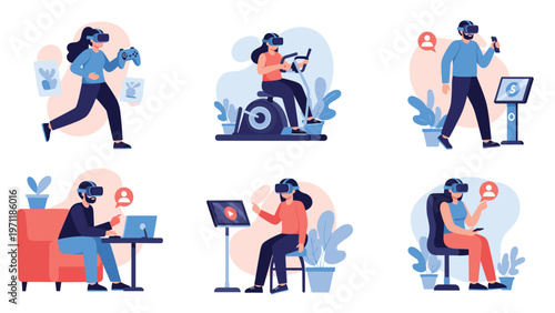 Collection of people using virtual reality headsets for gaming, exercising, working, and social interaction in various modern settings.