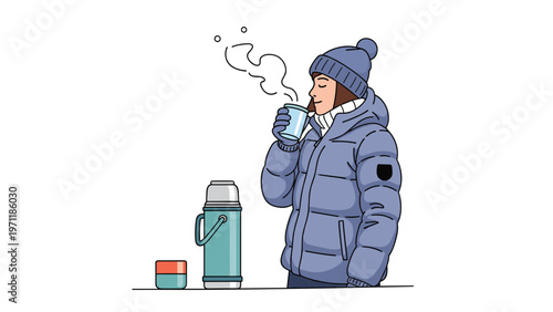 Young woman wearing a warm blue puffer jacket and hat drinks a steaming hot beverage from a cup during a cold winter day outdoors.