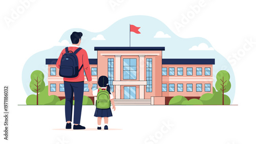 Father carrying a backpack holds his young daughter's hand as they walk toward a modern school building during a clear morning day.